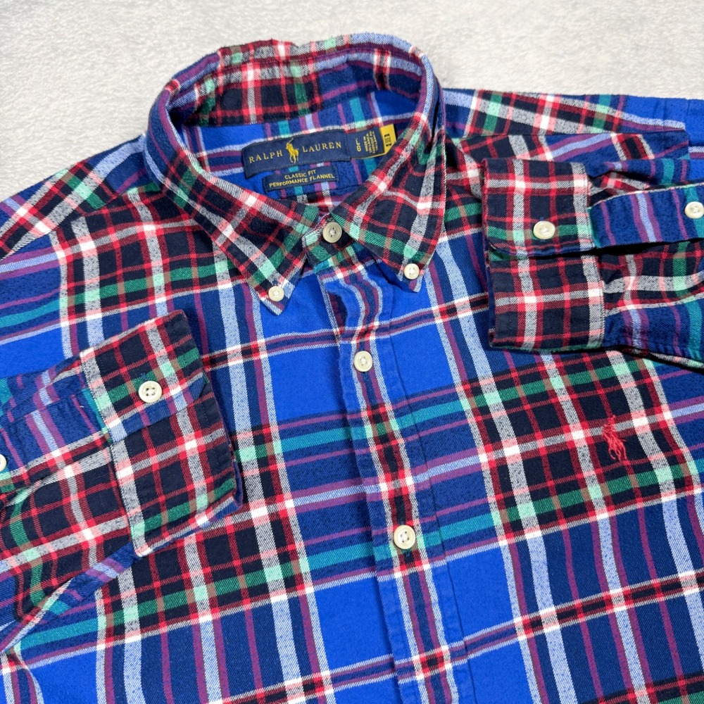 Ralph Lauren Performance Flannel Mens L Blue Plaid Button Down Shirt Classic Fit